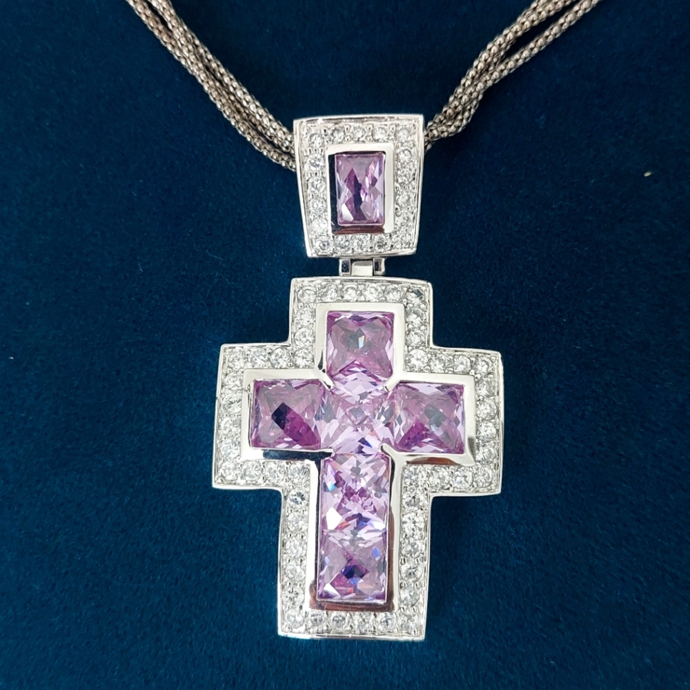 Elegant Silver and Purple Cross Pendant Necklace